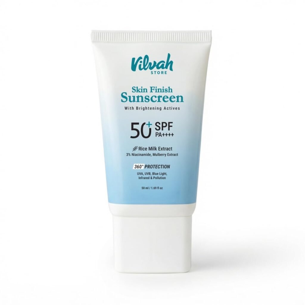 Vilvah Skin Finish Sunscreen SPF 50 PA++++ | No White Cast, Water-Resistant Sunscreen | Hydrating, Lightweight, Non-Greasy | UVA & UVB Protection with Natural UV Filters & Rice Milk | Unisex, For All Skin Types | 50g