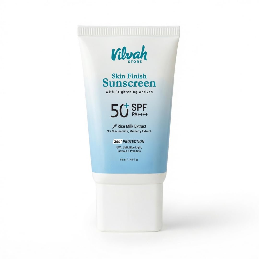 Vilvah Skin Finish Sunscreen SPF 50 PA++++ | No White Cast, Water-Resistant Sunscreen | Hydrating, Lightweight, Non-Greasy | UVA & UVB Protection with Natural UV Filters & Rice Milk | Unisex, For All Skin Types | 50g Vilvah Skin Finish Sunscreen SPF 50 PA++++ | No White Cast, Water-Resistant Sunscreen | Hydrating, Lightweight, Non-Greasy | UVA & UVB Protection with Natural UV Filters & Rice Milk | Unisex, For All Skin Types | 50g