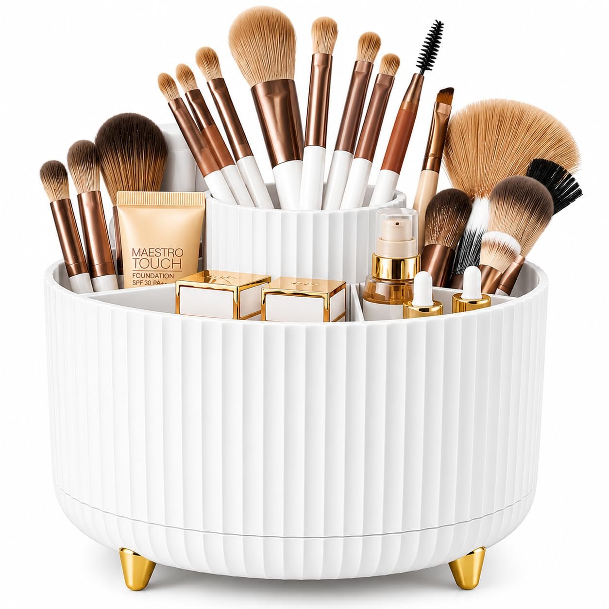 Zollyss 360° Rotating Makeup Brush Holder with 5 Compartments | Makeup & Skincare Organizer for Vanity, Bathroom & Desktop | White Zollyss 360° Rotating Makeup Brush Holder with 5 Compartments | Makeup & Skincare Organizer for Vanity, Bathroom & Desktop | White
